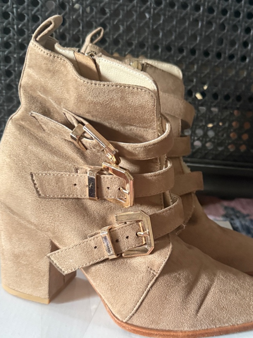 REVOLVE Tan Suede Triple Buckle Ankle Boots